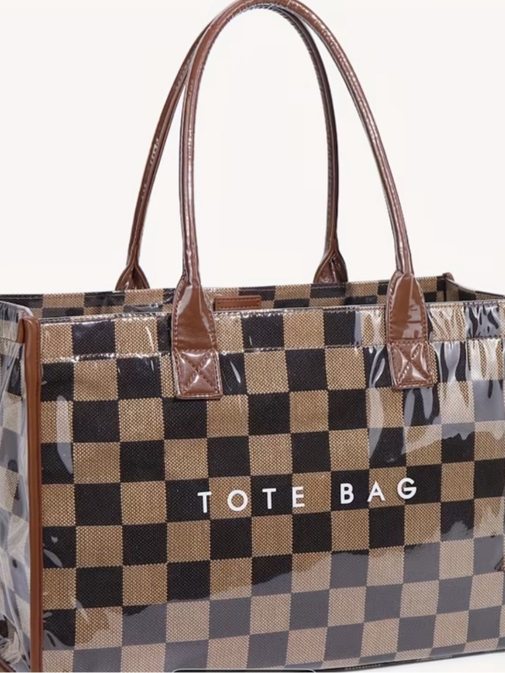 Brown Checkered Tote Bag with Gloss Finish